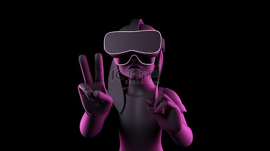 3D 渲染的卡通手握着虚拟现实耳机，打出“ok”的手势