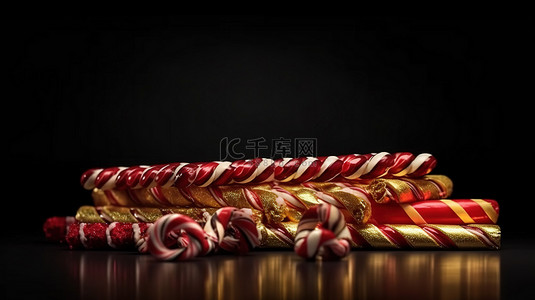 红色金色节日背景图片_金色和红色糖果手杖的逼真 3D 组合，非常适合圣诞节塑料冬季装饰