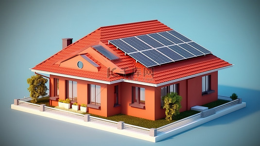屋顶上有面板的太阳能房屋的 3D 插图