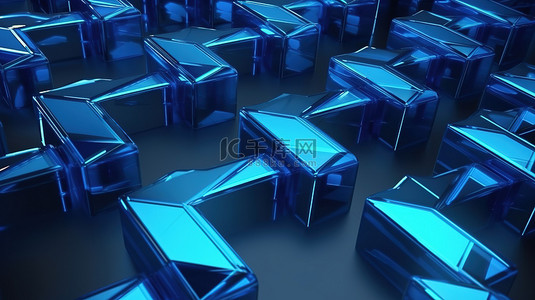 目标蓝色背景图片_3D 插图中堆叠的蓝色箭头描绘运动和方向