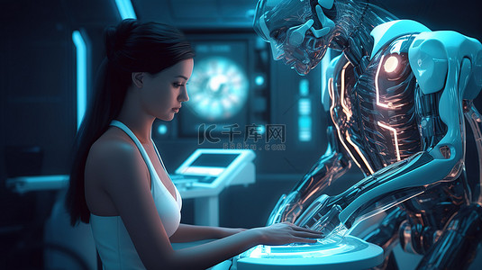 女性机器人在医疗技术概念中利用 C 臂机与 3D 渲染