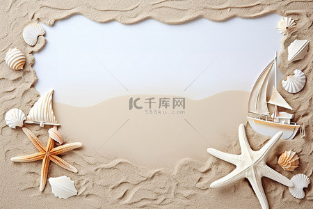 空船背景图片_海贝壳星星和沙滩上的空船