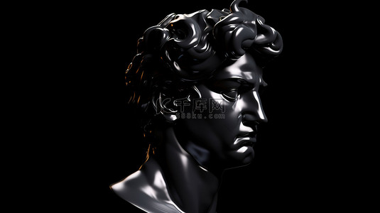 男性黑色背景图片_米开朗基罗大卫头像的黑色光泽 3D 渲染