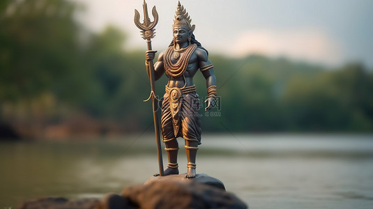 印度國王背景图片_以 3D 形式描绘的马哈巴利国王站在一条河上，背景中的自然风光模糊