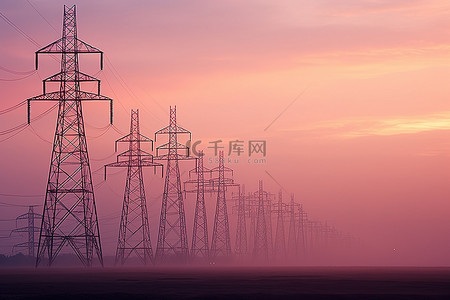 华为天空之境背景图片_一大群电力塔在日落时排列