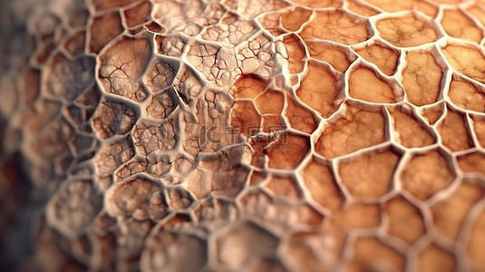 宏观视图中受鱼鳞病影响的皮肤细胞的详细 3D 渲染