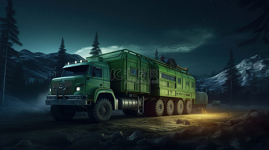 坚固的绿色卡车准备好在偏远地区进行艰苦的探险 3D 渲染