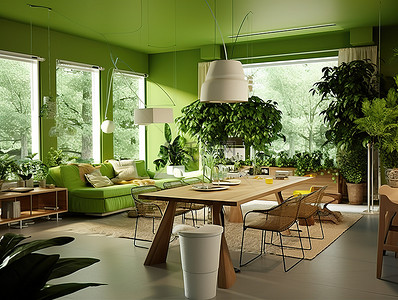 一个非常绿色的客厅，桌子上有大型植物