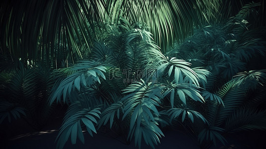 郁郁葱葱的 3D 渲染南美丛林，有绿色的棕榈树和热带植物