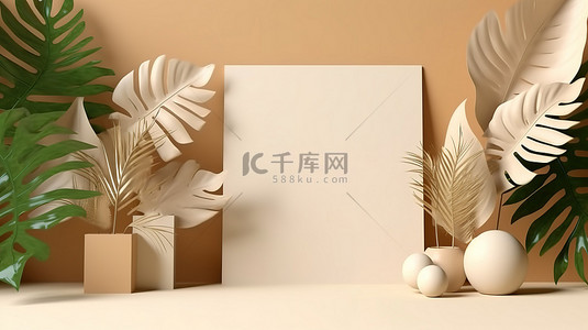3D 渲染米色信封，带有阳光和抽象热带植物背景以供演示