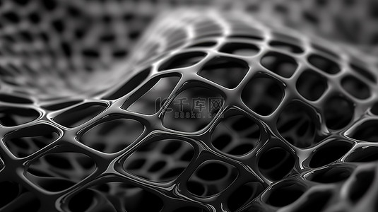 抽象 3D 渲染灰色背景上变形的黑色网格特写