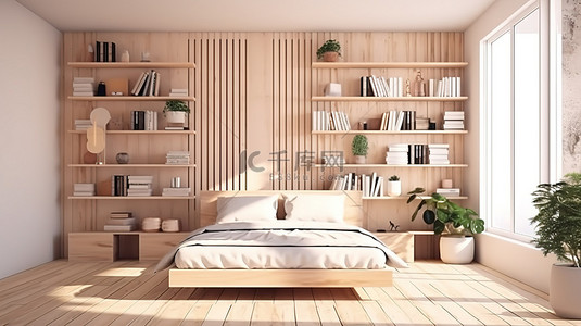 旅馆房间背景图片_色调柔和的卧室，配有 3D 渲染设计的书架