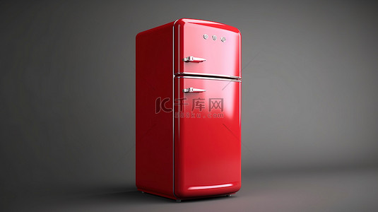 复古厨房中的老式单色红色冰箱 3D 渲染侧视图