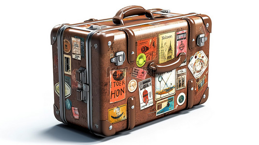 复古手提箱，白色背景 3D 渲染图像上有破烂的皮革旅行贴纸和金属装饰