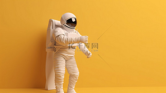封面人物背景图片_黄色背景，宇航员在 3D 渲染中举着白色横幅