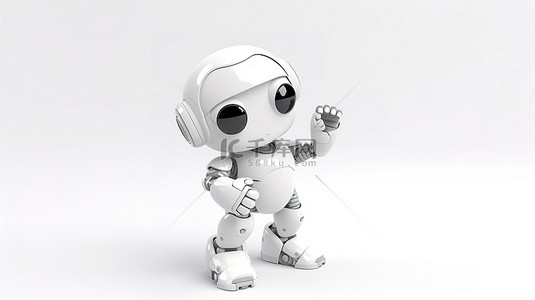 可爱的微型机器人用手指指着白色孤立的 3d 渲染