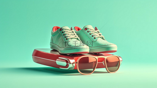 薄荷绿色背景上的复古运动鞋和红蓝色浮雕 3D 眼镜