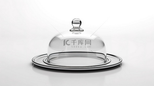 透明玻璃板背景图片_白色背景，玻璃圆顶下带有 3D 渲染的银色托盘