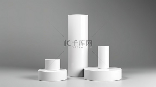 白色圆柱背景图片_用于产品展示的灰色背景白色圆柱讲台的 3D 渲染