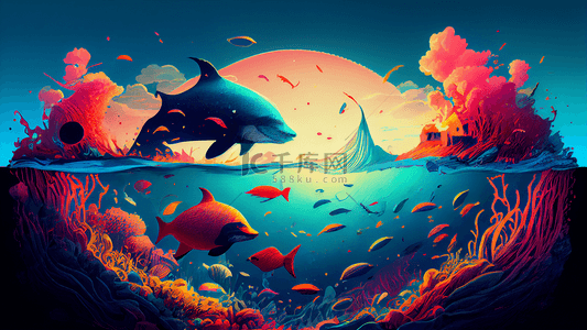 海底海豚背景图片_海底世界梦幻插画背景