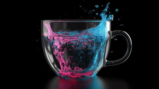 喝水步骤艺术字背景图片_3D 渲染中的黑色和粉色茶和咖啡杯，蓝色水流落在孤立的黑色背景上