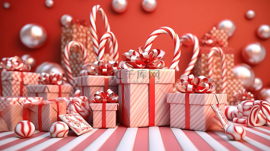 礼物新年背景图片_3d 圣诞横幅红色礼物和圣诞背景上的拐杖糖
