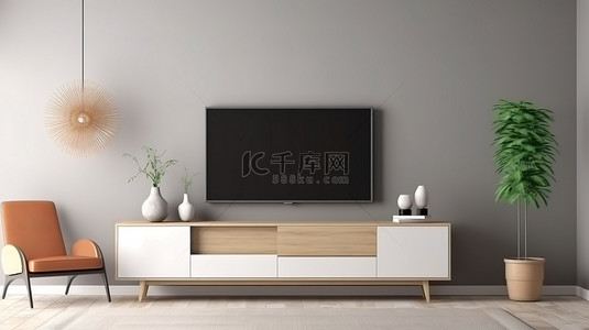时尚的木制电视柜和框架装饰着简约的房间，灰色的墙壁以 3D 渲染