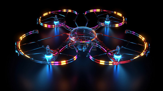 摄像无人机背景图片_飞行中的发光线和点，黑色背景下的 3D 无人机插图