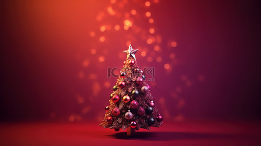 装饰圣诞树的节日 3D 渲染，在模糊的红色背景下，非常适合添加徽标或文本