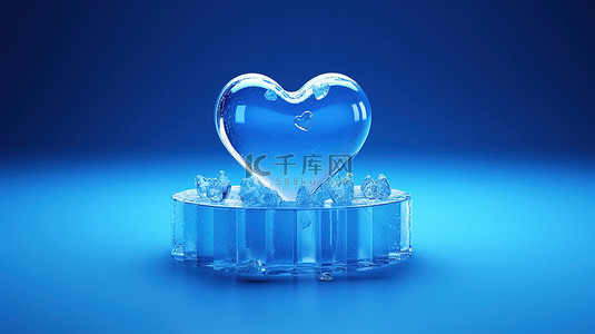 情人节浪漫蓝色背景图片_背景为冰心的蓝色产品讲台的 3D 渲染