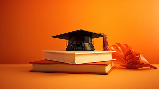 说明教育一本书和毕业帽在橙色背景下的 3D 渲染