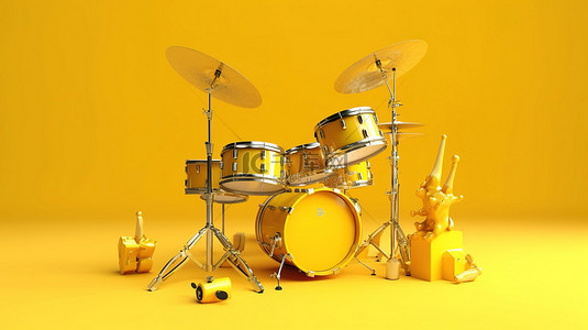 黄色音乐背景背景图片_抽象黄色粘土风格背景上专业黑色鼓套件的 3D 渲染