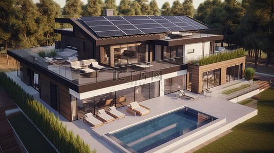 太阳能板背景图片_带有 3d 渲染太阳能电池板的现代别墅鸟瞰图