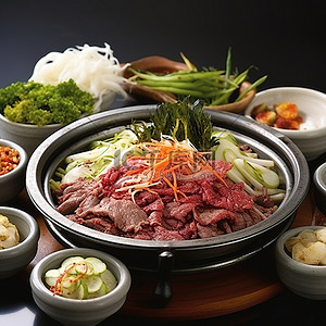 海鲜面条背景图片_首尔最好的烤牛肉海鲜面条和沙拉