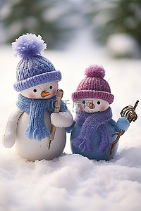 两个穿着冬衣的小雪人站在雪地里