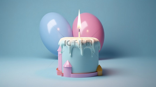 柔和的生日庆典 3d 渲染一个蛋糕，上面有六支蜡烛，蓝色背景上有复制空间