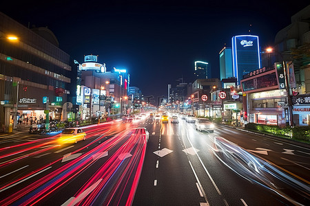 夜晚路上背景图片_东京夜间长时间曝光城市道路，路上有汽车和建筑物