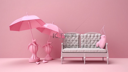 粉红色时尚背景背景图片_浪漫的心装饰毛绒椅子与 3D 呈现奢华