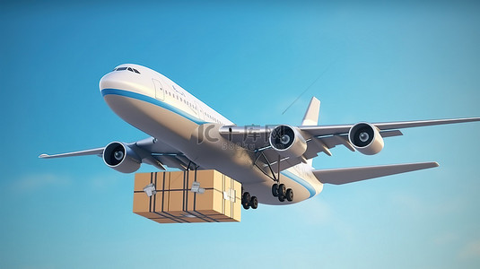 正常发货背景图片_蓝天背景下以纸箱包裹形式运送货物的商用工业喷气式飞机的 3D 渲染
