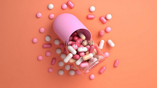 充满活力的粉红色背景上的医疗保健必需品 3d 插图的药片和胶囊具有充足的复制空间