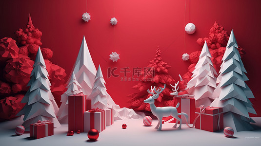 3D 节日圣诞明信片壁纸通过 3D 插图和渲染描绘了一个快乐的概念
