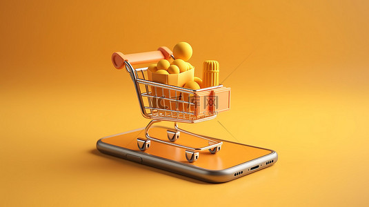 商业购物背景图片_移动智能购物 3D 渲染智能手机上购物车的插图