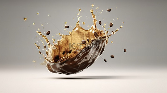 咖啡豆的逼真 3D 渲染与飞溅的咖啡