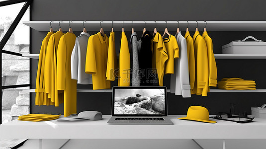 挂在笔记本电脑屏幕旁边的架子上的单色黄色衣服的 3D 渲染