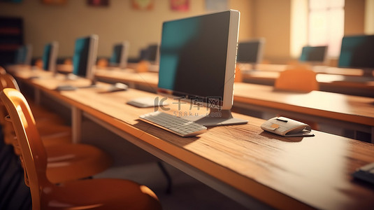 计算机教室背景图片_现代教室的真实 3D 渲染，用于在线教育，配有时尚的椅子和桌子