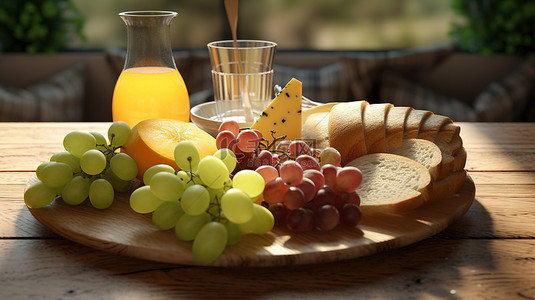 健康新鲜水果背景图片_营养早餐葡萄柚橙汁面包奶酪和新鲜水果 3D 渲染图像