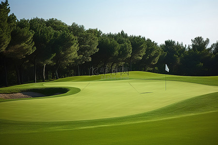 旗杆背景图片_山区高尔夫度假村的绿色高尔夫球场