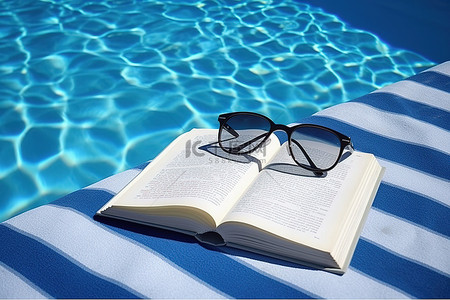躺着看书的男孩背景图片_在水中的沙滩巾上看书和太阳镜