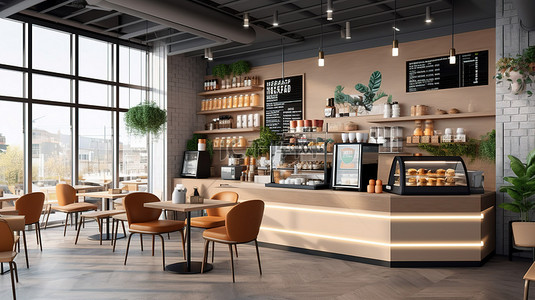 以横幅和菜单样机为特色的咖啡店零售设计的 3D 插图