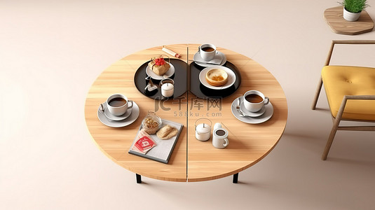 质朴的餐桌装饰着木顶美味的蛋糕和两杯咖啡 3D 插图